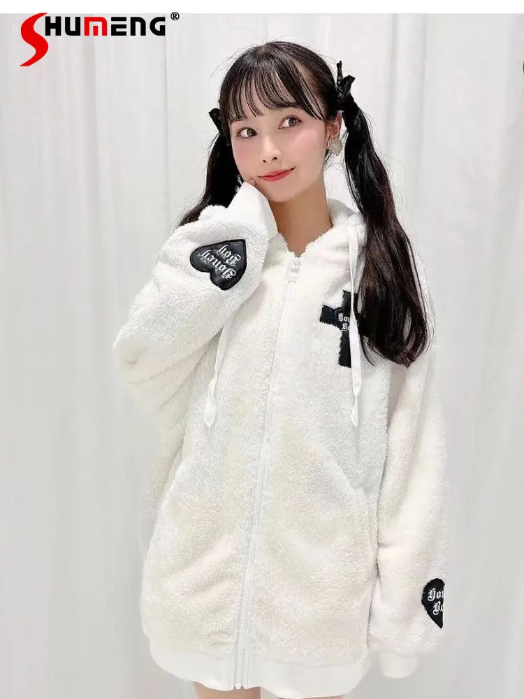Aesthetic Hooded Winter Clothes Women 2023 Spring New Cute Woman Solid Color Long Sleeve Furry Bear Thickened Coat Cardigan