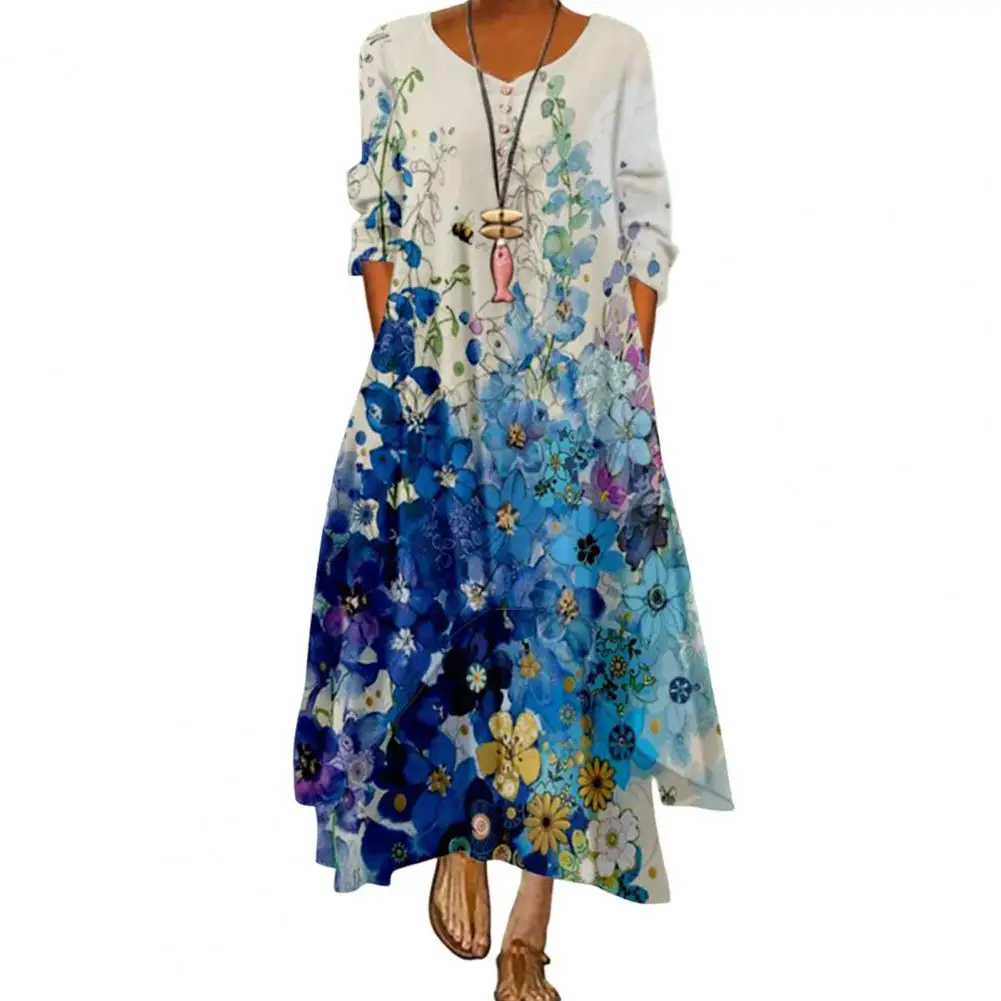

Ethnic Style O-Neck Half Sleeve Maxi Dress Pockets Ankle Length A-Line Peacock Print Irregular Hem Tunic Dress Streetwear