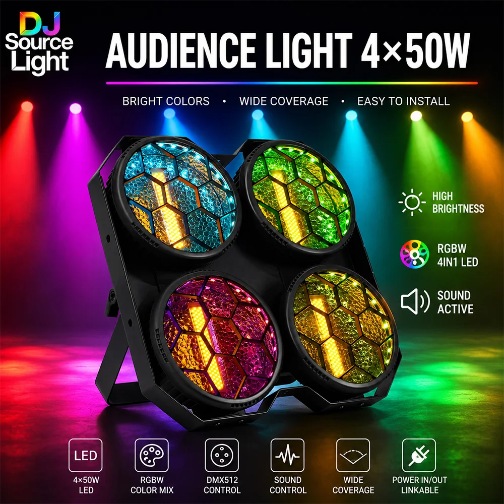 Фото Светодиодный прожектор 4x50W COB с 4 линзами, холодным и теплым белым светом, RGB-подсветкой, ретро-дизайн, для дискотек, клубов, свадеб, вечеринок, сценического освещения. №1