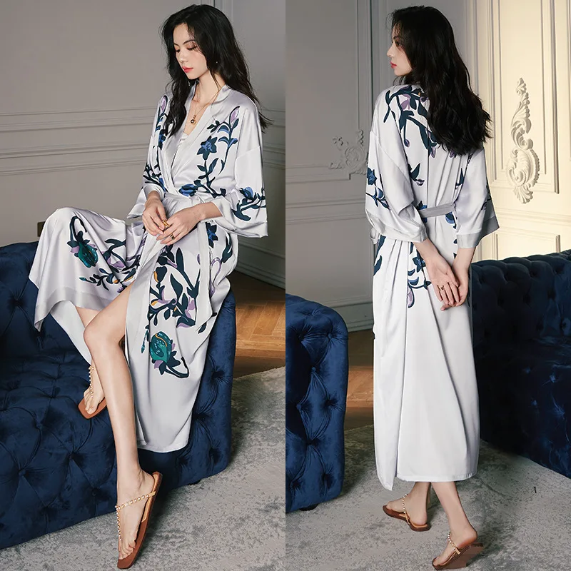 Chinese Style Womens Summer Pajamas Long Satin Robe Kimono Bathrobe Housecoat Sleep Robe Gown with Peacock and Blossoms Printed