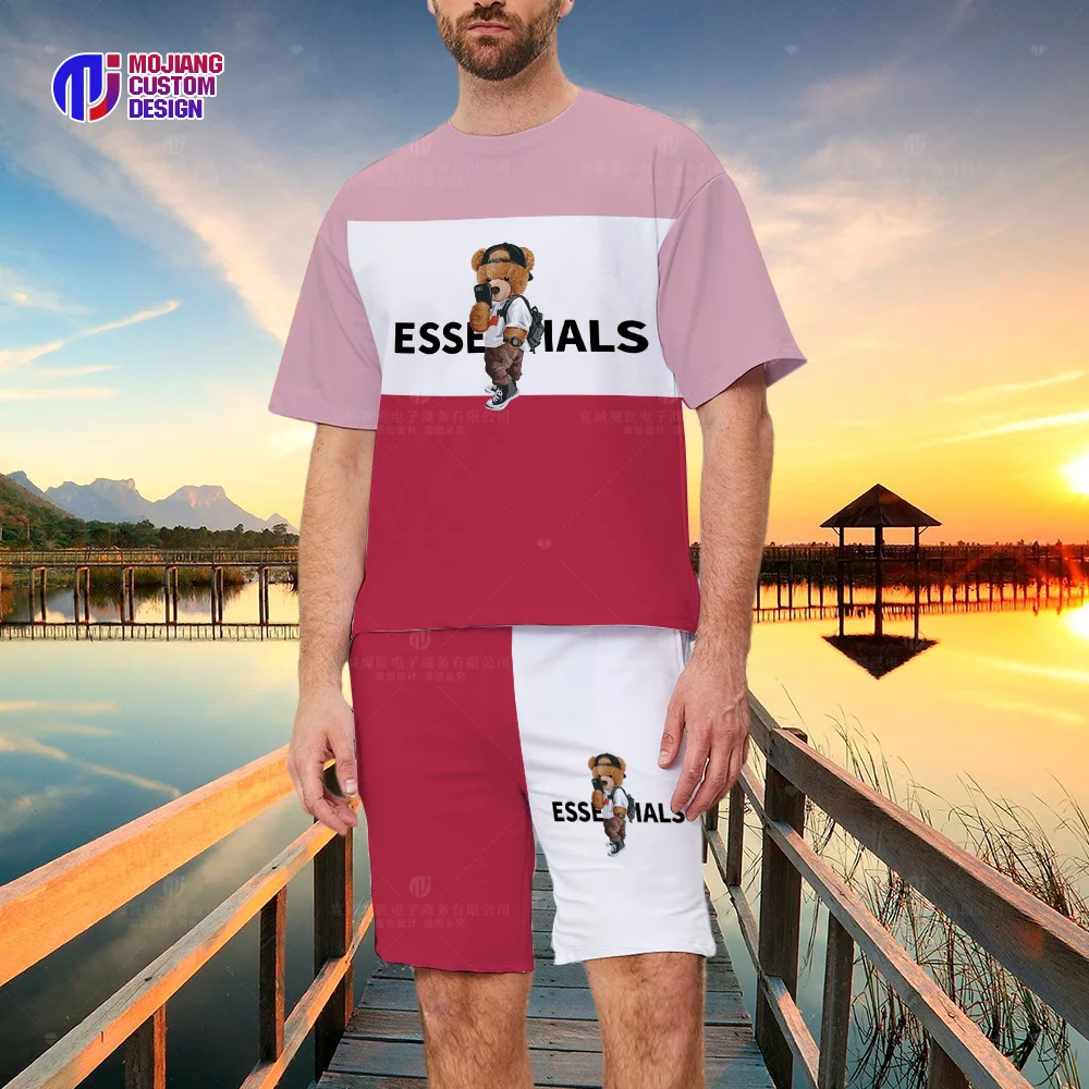 2023 Summer Colorblock T-Shirt and Shorts Set Luxury Brand Short Sleeve Men's Brand Bear Print Top T-Shirt Set of 2