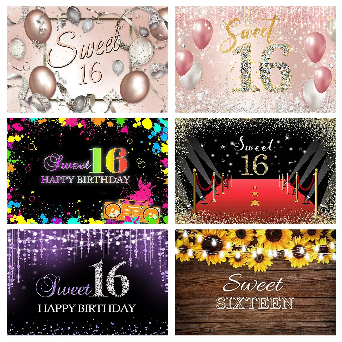 

Sweet 16th Birthday Party Backdrop Rose Gold Pink Princess Girl Diamonds Glitter Photography Background Sixteen Milestone Banner