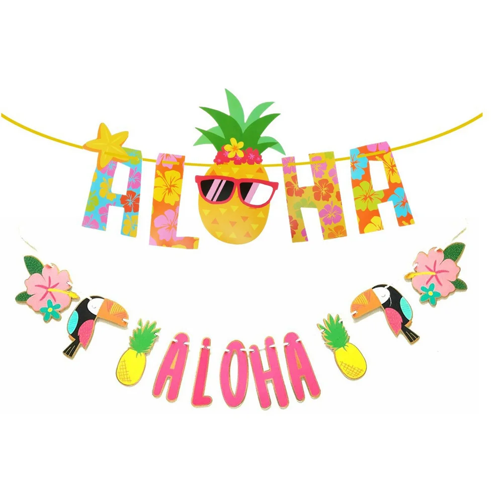 Summer Hawaii ALOHA Happy Birthday Banner Flamingo Hawaiian Tropical Party Decorations Holiday Party Luau Aloha Party Supplies