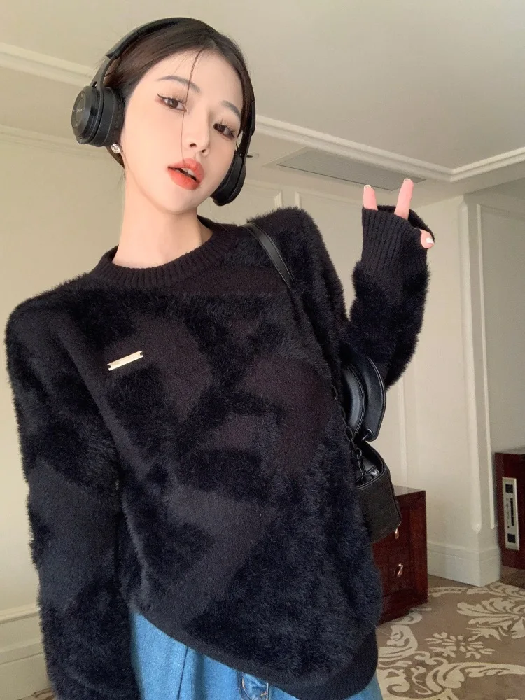 

Women's Black Sweater Autumn and Winter Outerwear Loose Mink Wool Sweater Womens Clothing Knit Pullovers Traf Y2k Woman Ladies