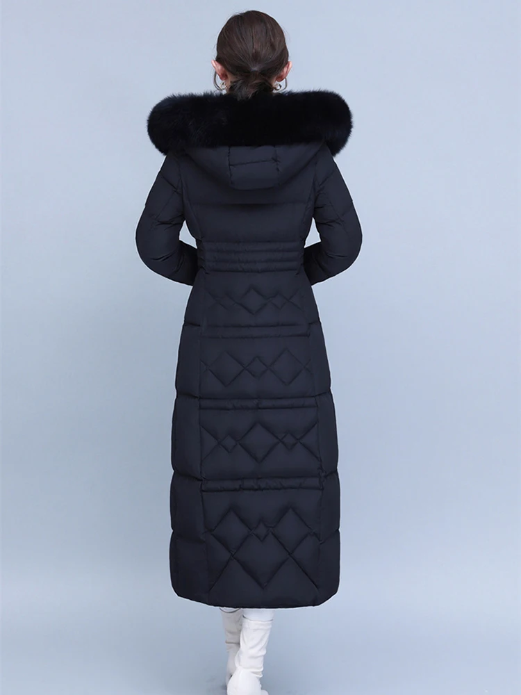 New Women Long Down Coat Winter Fashion Thicken Warm Real Fox Fur Collar Slim Lengthened Down Jacket White Duck Down Overcoat