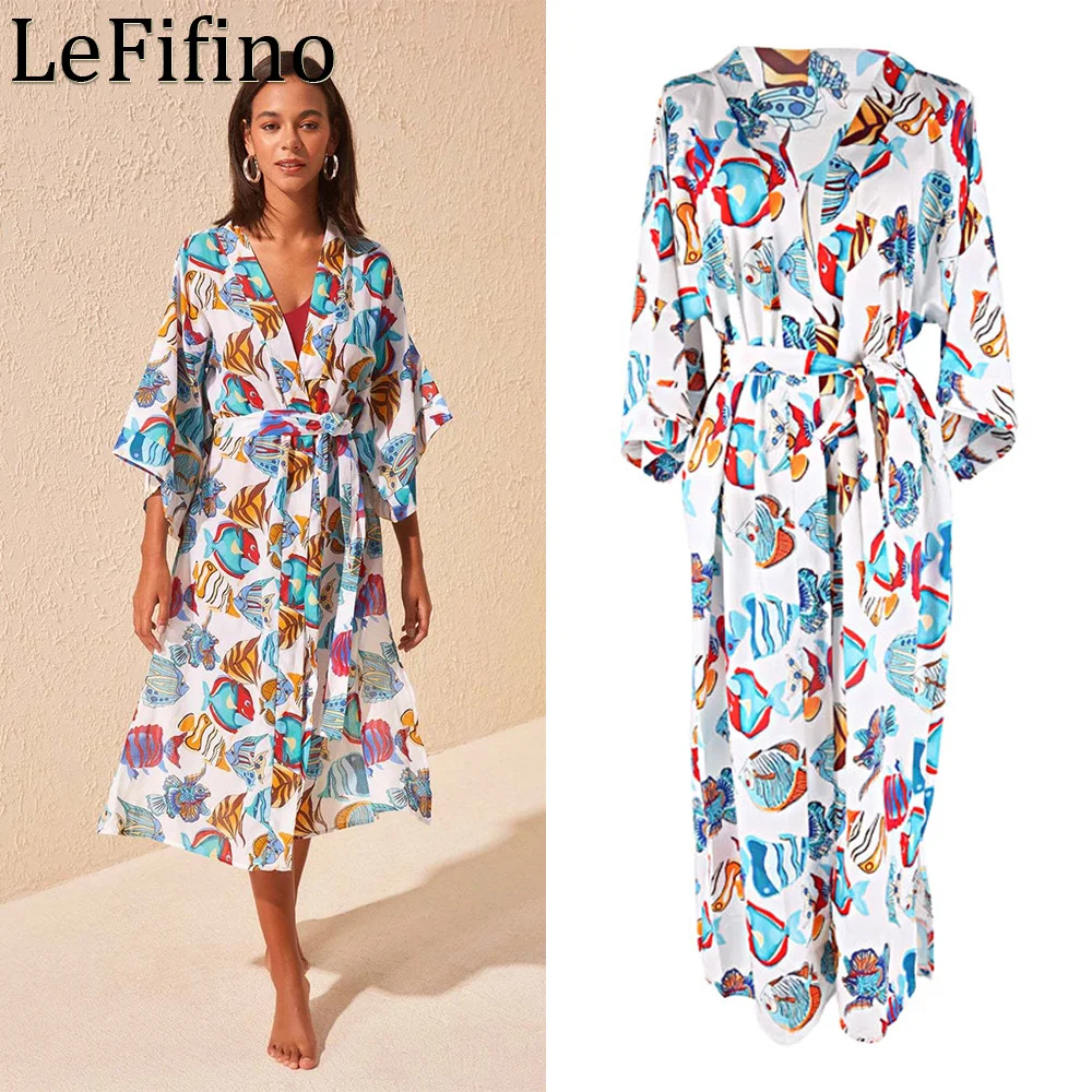 

Summer Fashion New Leisure Polyester Fish Cardigan Beach Seaside Vacation Sunscreen Long Robe Bikini Swimsuit Cover Up Women's