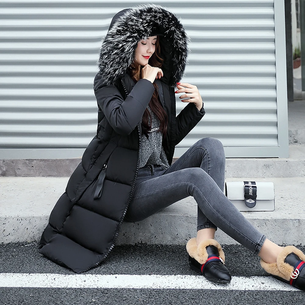 Winter Slim Hooded Cotton Jacket Thickened Warm Women Jacket Fashion Big Fur Collar Long Paragraph Thickened Down Cotton Jacket