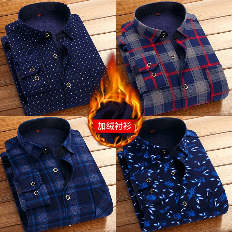 

Casual Flannel Plaid Men Shirt Warm Winter Plus Velet Long Sleeve Shirts Thick Fleece Thermal Shirt for Men Bottoming Shirt