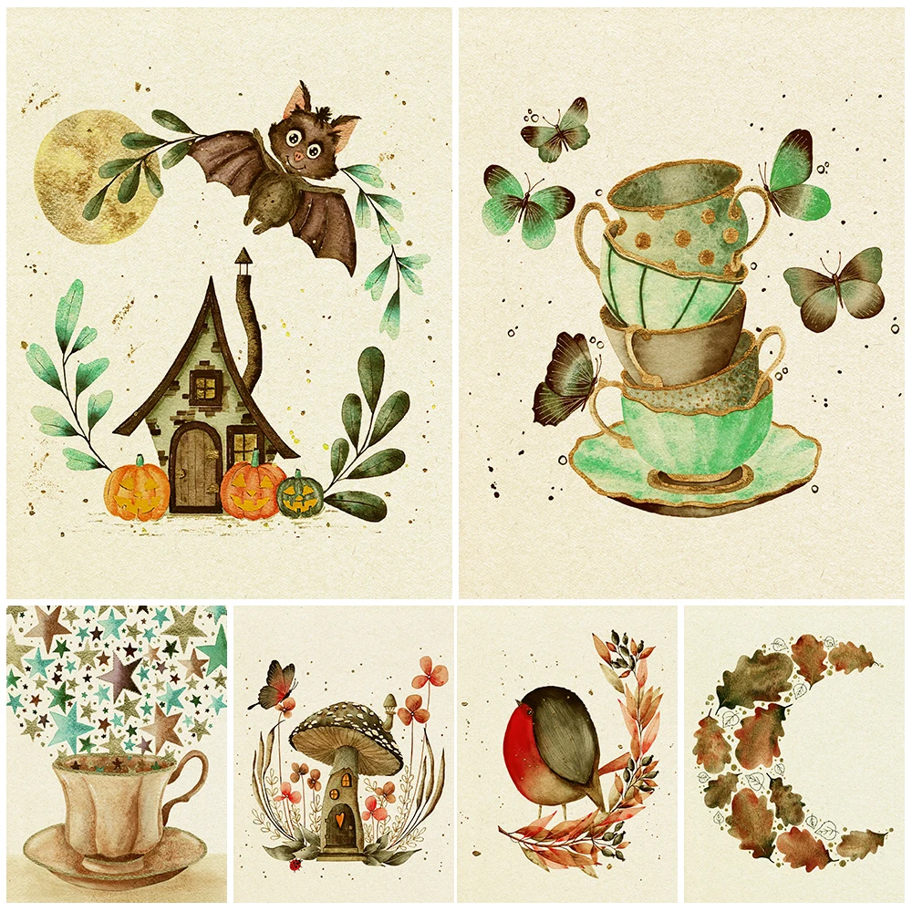 Magic Teapot,Butterfly,Mysterious Flower Vintage Wall Art Canvas Print Mini Pumpkin House And Mushroom House Poster Print Decor