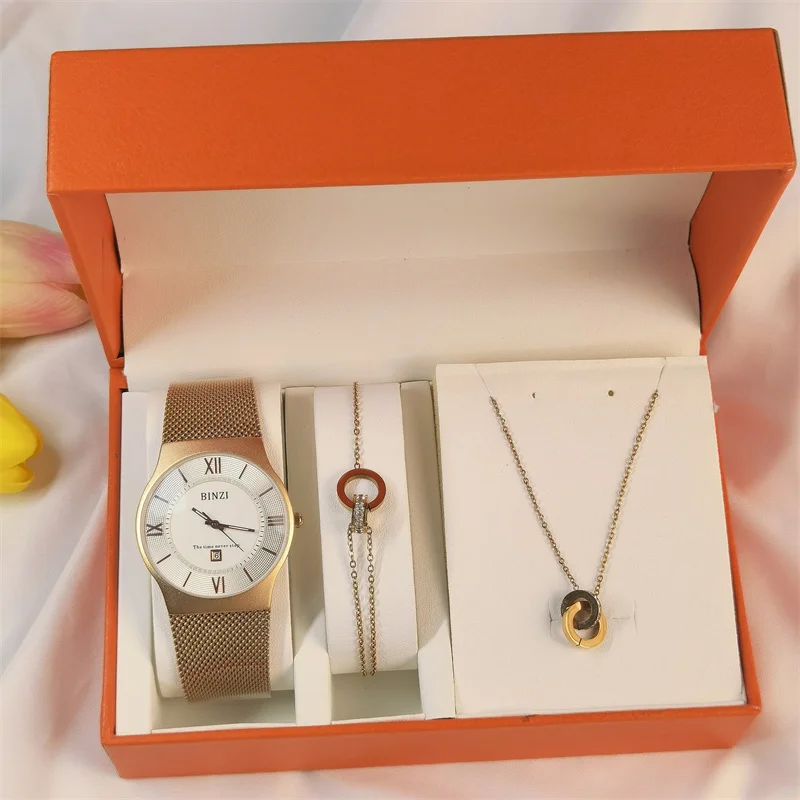 Fashion Hot Sale Waterproof Couple Steel Strap Watch Set Bracelet Necklace Men Women Student Calendar Rose Gold | Наручные часы