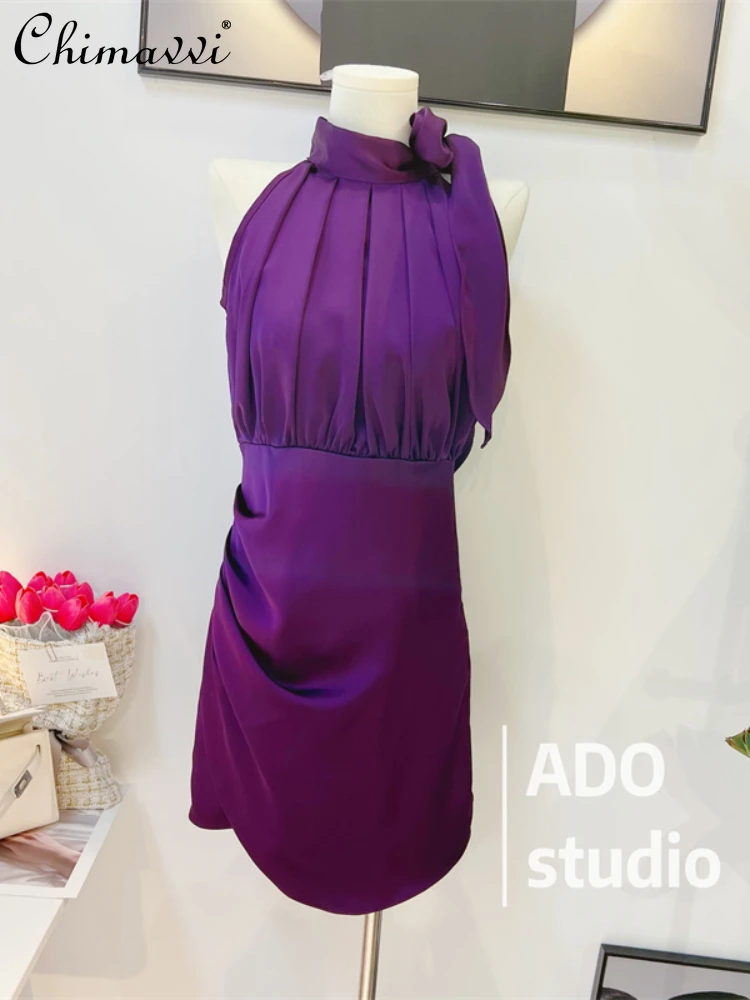 

Женское облегающее платье без рукавов, фиолетовое плиссированное платье-комбинация с лямкой на шее, приталенное платье во французском стиле, лето 2023