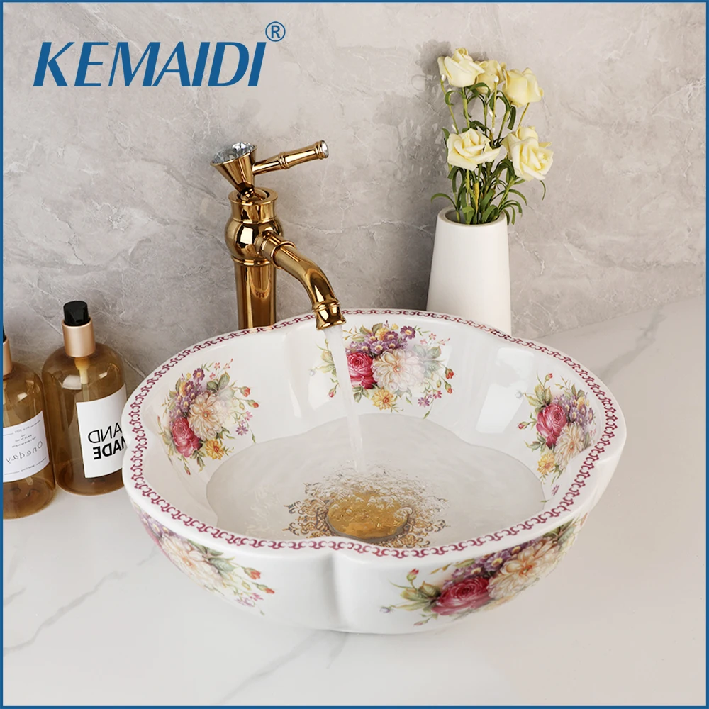 

KEMAIDI Ceramic Bathroom Bar Vanity Vessel Sink Faucet Combo Flower Style White Above Counter Bowl with Golden Mixer Faucets