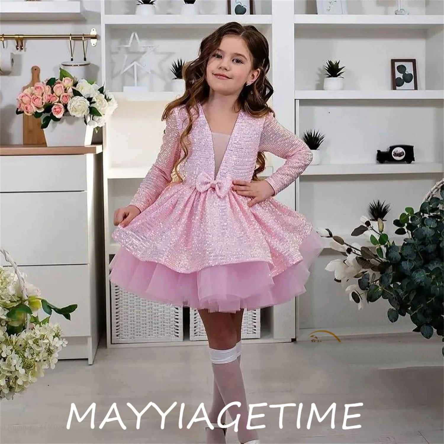 

Розовые платья с V-образным вырезом и длинным рукавом для дня рождения 2023, летние платья с бантом, молнией на спине и блестками для свадебной вечеринки