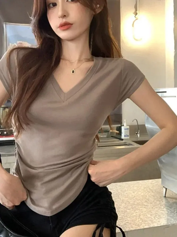 

Summer Korean Fashion Y2K T-shirt Woman Sexy V-neck Japanese Tee Shirt Femme Slim Skinny Tshirt Women Cothes Kop Tops