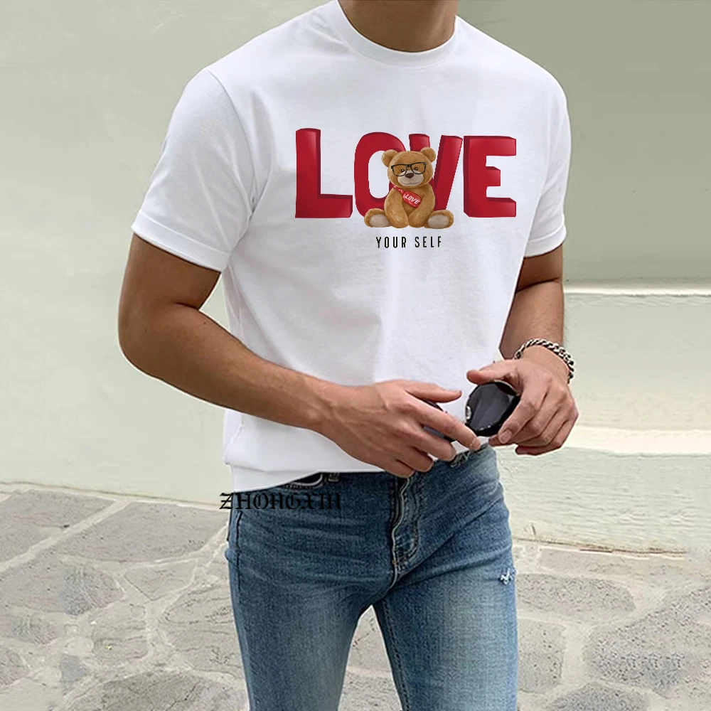 

Summer new high street casual couple models LOVE bear solid color T-shirt men's women's tide brand black fashion short sleeves