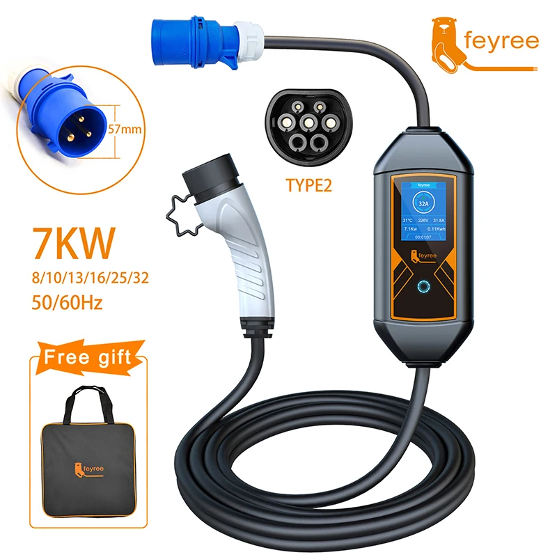 Дешево Feyree 11KW 16A EV портативное зарядное устройство тип 2 EVSE зарядное устройство электрическое автомобильное зарядное устройство CEE вилка