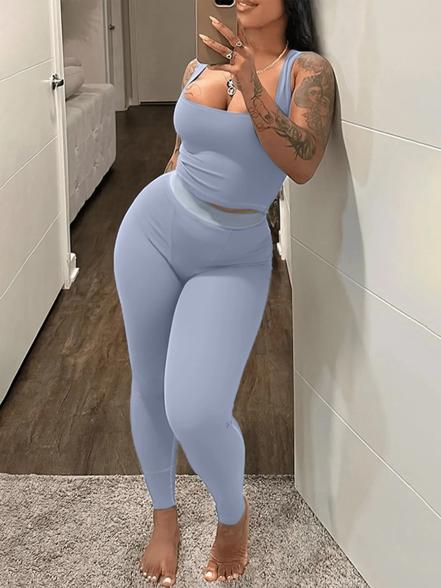 LW BASICS Однотонный укороченный топ на бретельках скинни эластичные брюки комплект