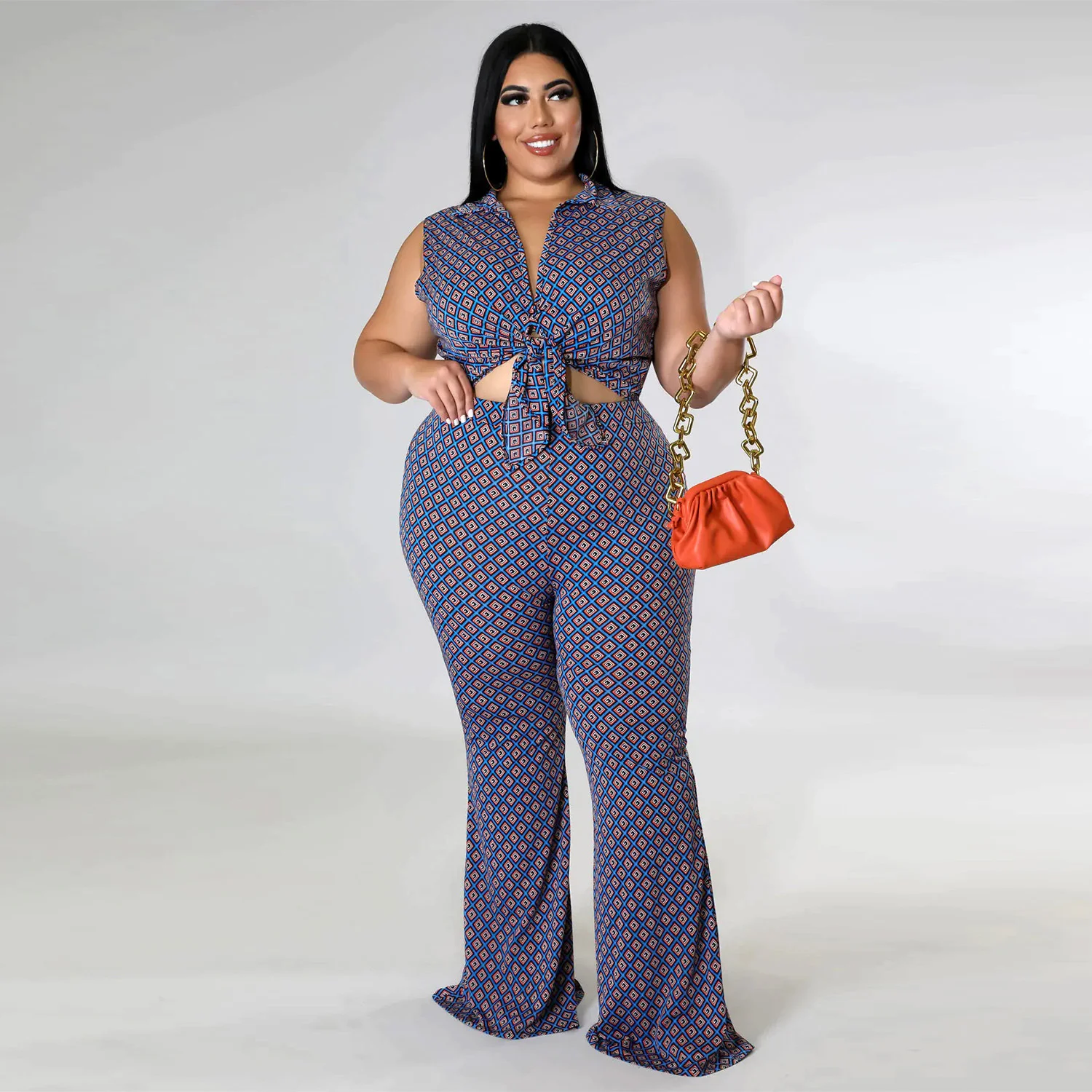 Plus Size 2023 Fashion New Women's Fashion Printed Shirt Plaid Sleeveless Top Casual Wide Leg Pants Women's Suit