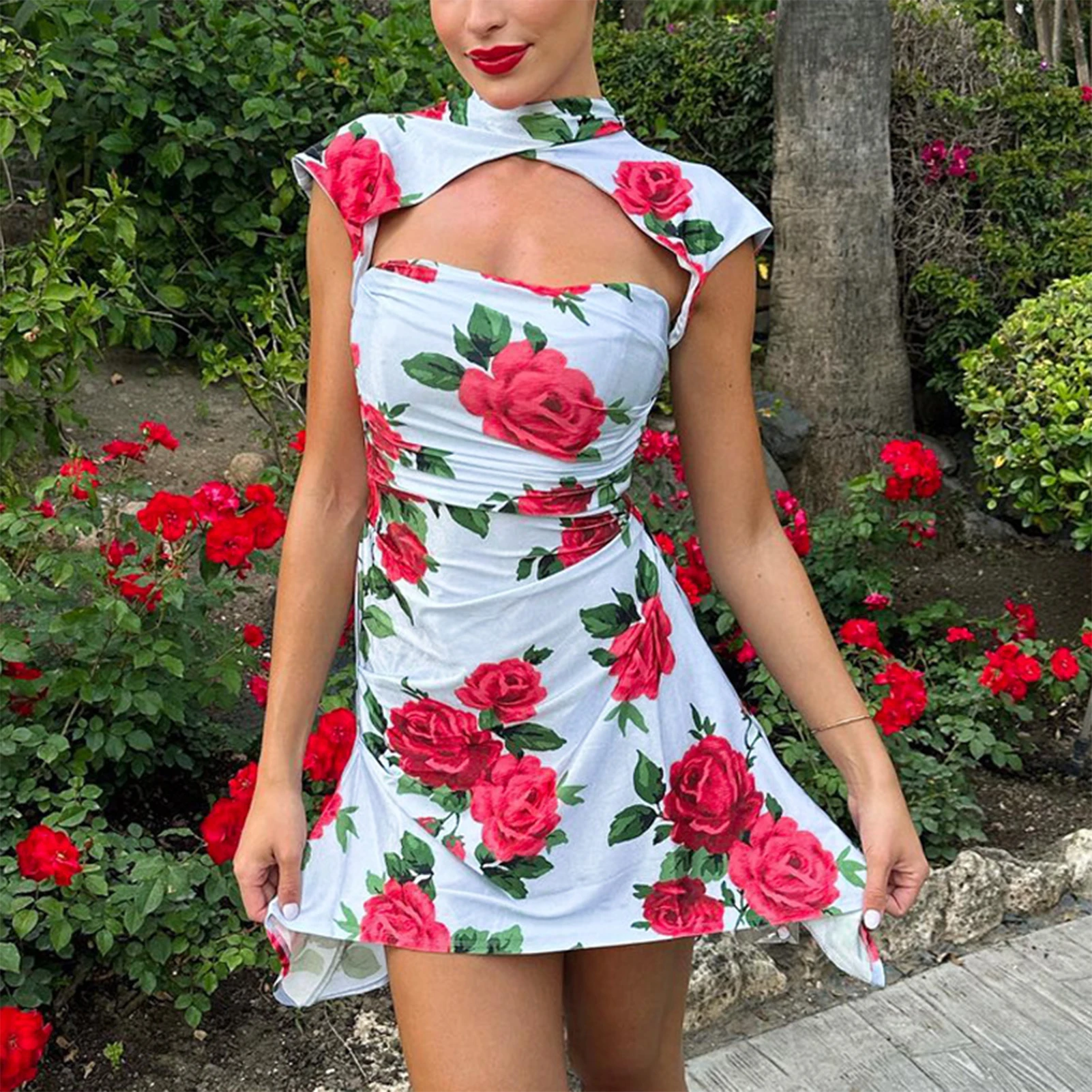 

Retro Floral Print Irregular Dress Women Elegant Ultra Short Sleeve Hollow Mini Dress Lady Fashion Small High Neck Slim Dresses
