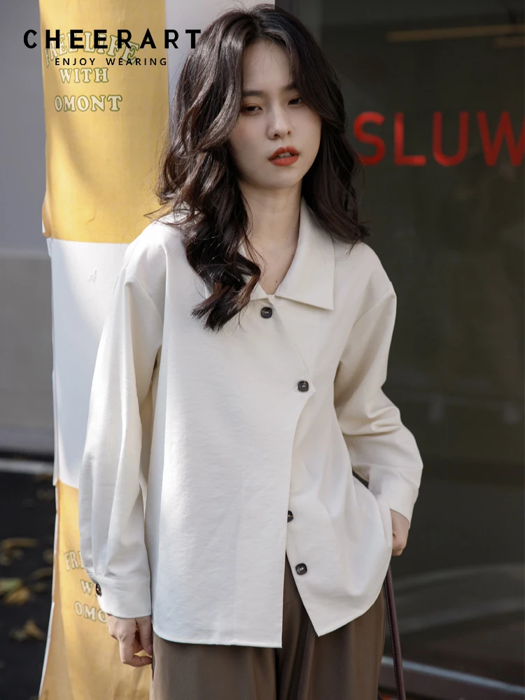 

CHEERART бежевый корейский модный дизайнерский Топ с длинным рукавом на пуговицах с воротником рубашка для женщин блузка весенняя одежда