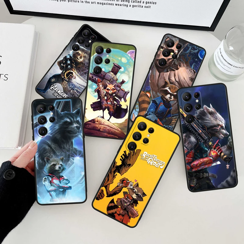 

Rocket Racoon Marvel cute Black Phone Case For Samsung Galaxy S23 S22 S21 S20 FE Ultra Pro Lite S10 S10E S9 Plus 5G