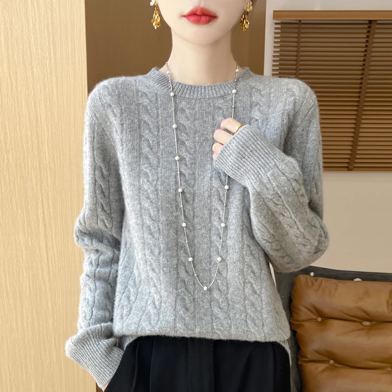 Женский кашемировый свитер с круглым вырезом Свободный теплый вязаный пуловер