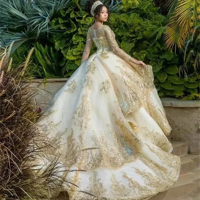 ANGELSBRIDEP Шампанское платье Quinceanera бальное с длинным рукавом блестящее аппликацией