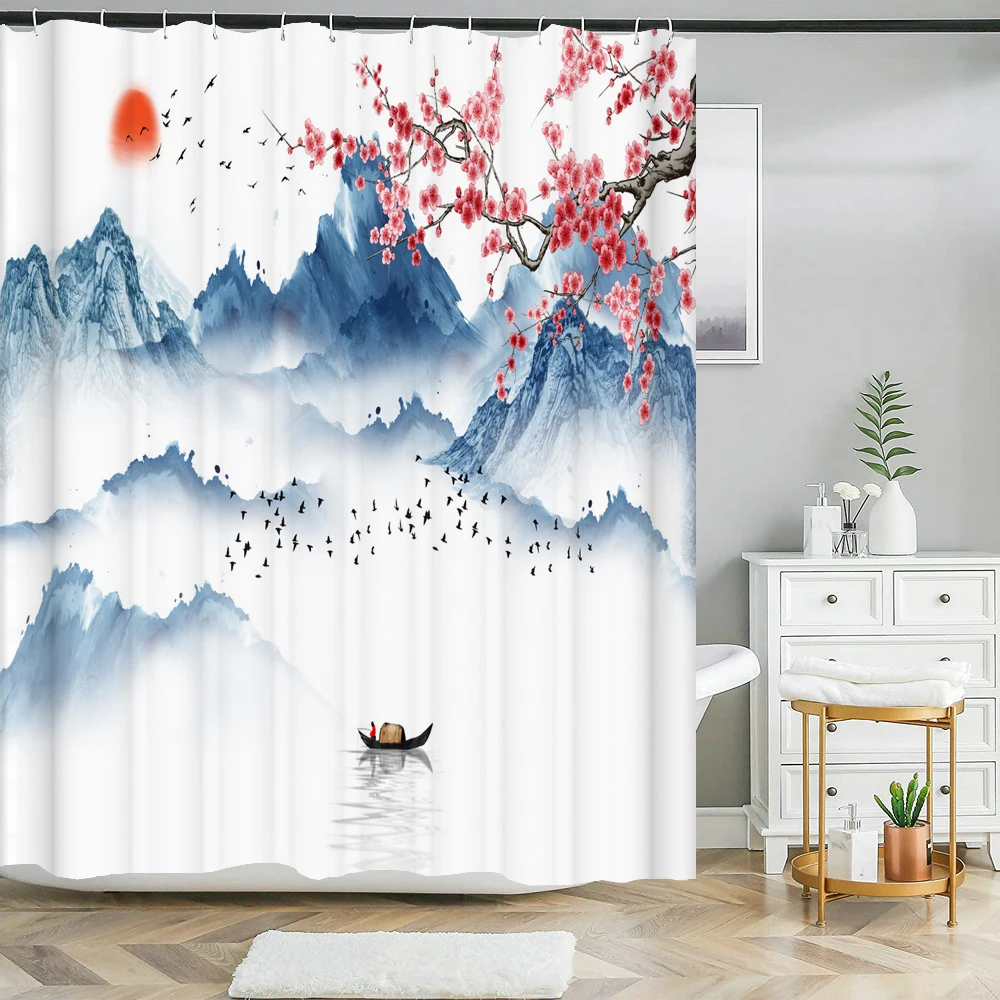 

Chinese ink landscape style shower curtain scenic pattern Waterproof Fabric bath curtain washable Bathroom Aaccessory Multi Size