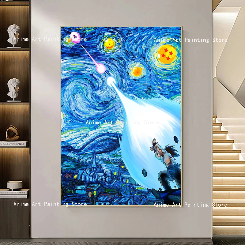 

Japanese Anime Dragon Ball Van Gogh Starry Night Anime Oil Art Posters Canvas Painting Wall Art Goku Picture Living Room Decor