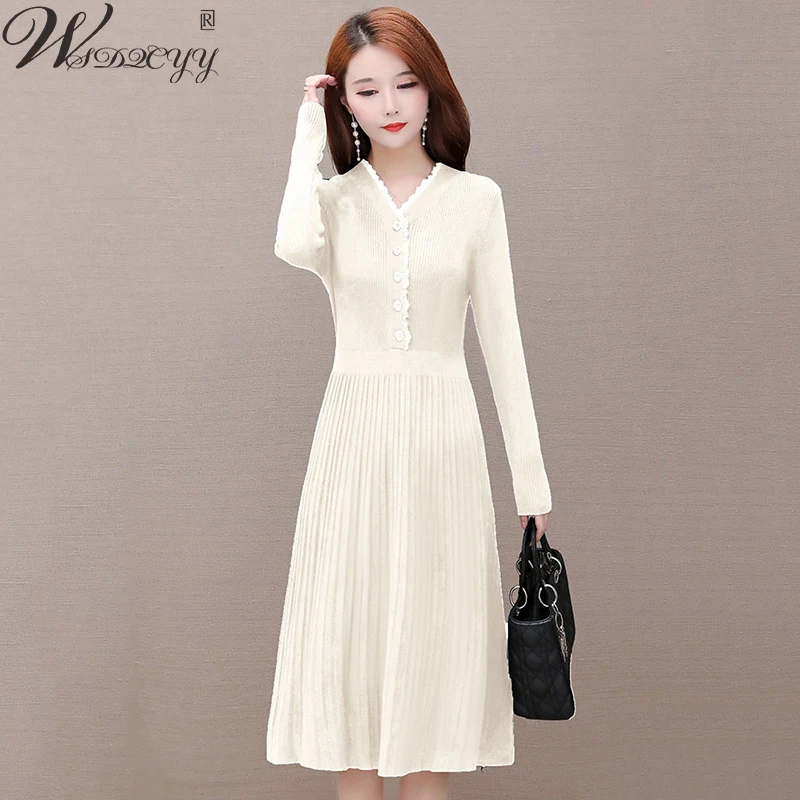 

Женское трикотажное однобортное платье-свитер, Повседневное платье составного кроя с V-образным вырезом, элегантное платье миди с длинным р...