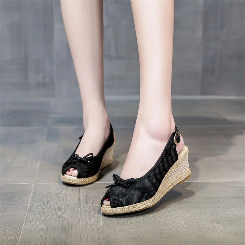 

2022 New Handmade Women Bowtie Peep Toe Linen Espadrilles Slingbacks Sandals 6cm Wedge Heel Ladies Plain Summer Platform Shoes