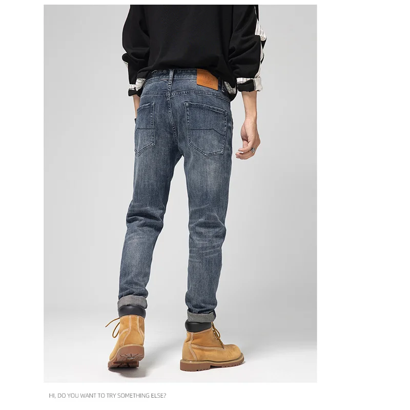 Men Clothing New Pattern Recreational Vintage Blue Jeans Straight Cylinder Self-cultivation Elastic Force Trousers Autumn Female