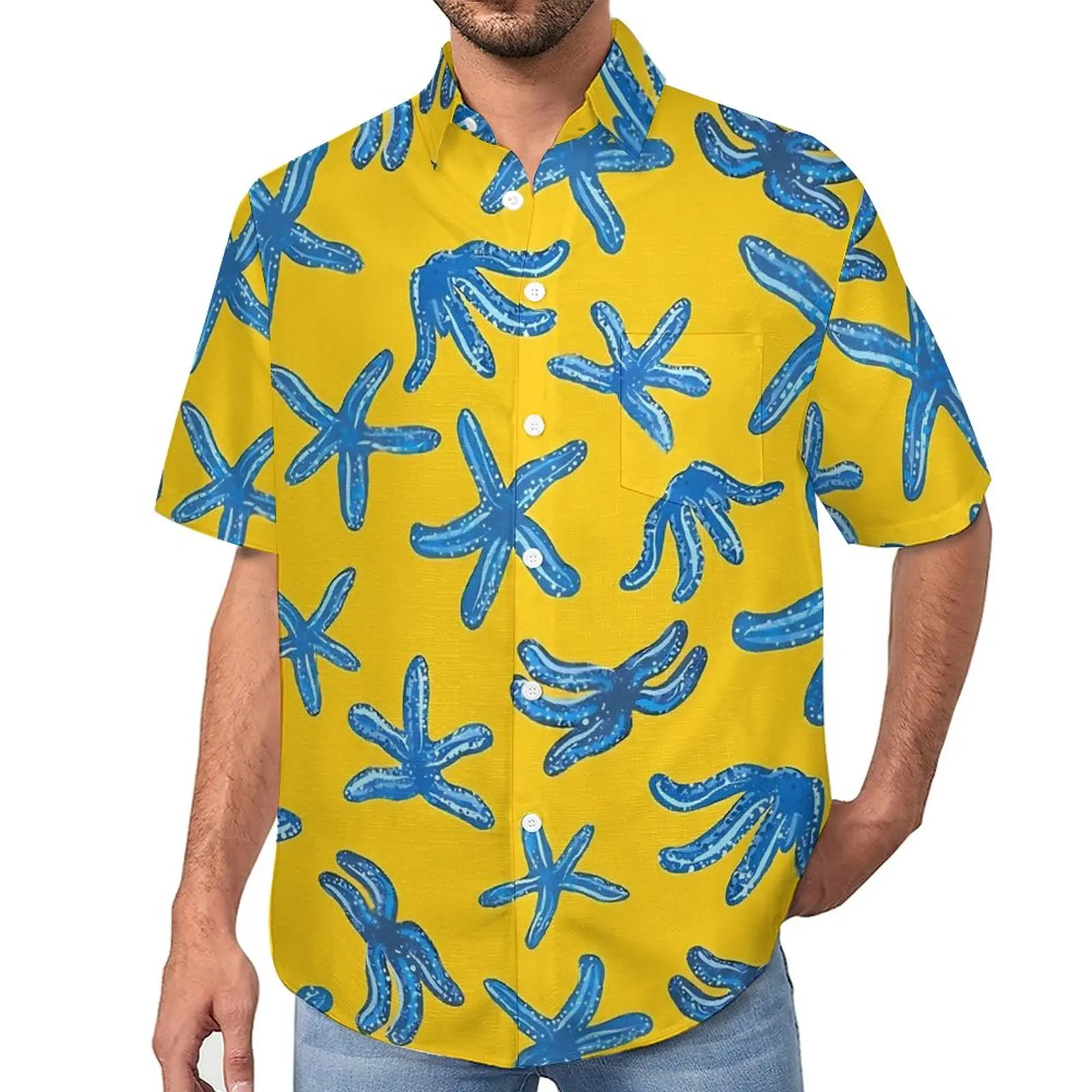 

Повседневная рубашка с голубым принтом морской звезды, свободная рубашка с абстрактным принтом животных для отпуска, Гавайские Смешные блузки, Одежда большого размера с коротким рукавом