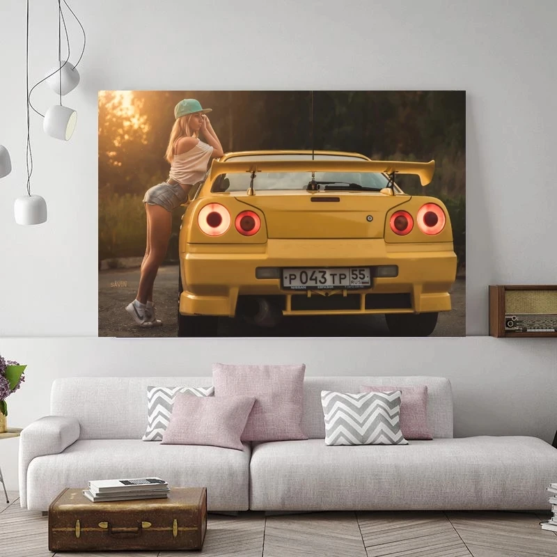 

Nissan Skyline GT-R R34 Blonde Supercar Posters Home Decor Wall Art Canvas Printed Room Decoration