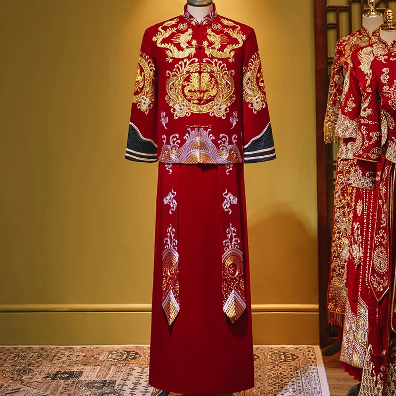 High-Quality Bridegroom Embroidery Men Tang Suit Banquet Chinese Traditional Dress Wedding Mandarin Collar китайская одежда