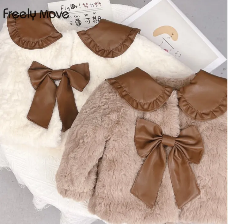

Freely Move 2022 New Kid Girls Coats Fur Coat Wear Fleece Princess Warm Snowsuit Bowknot Baby Jacket Childrens Cute Outerwear