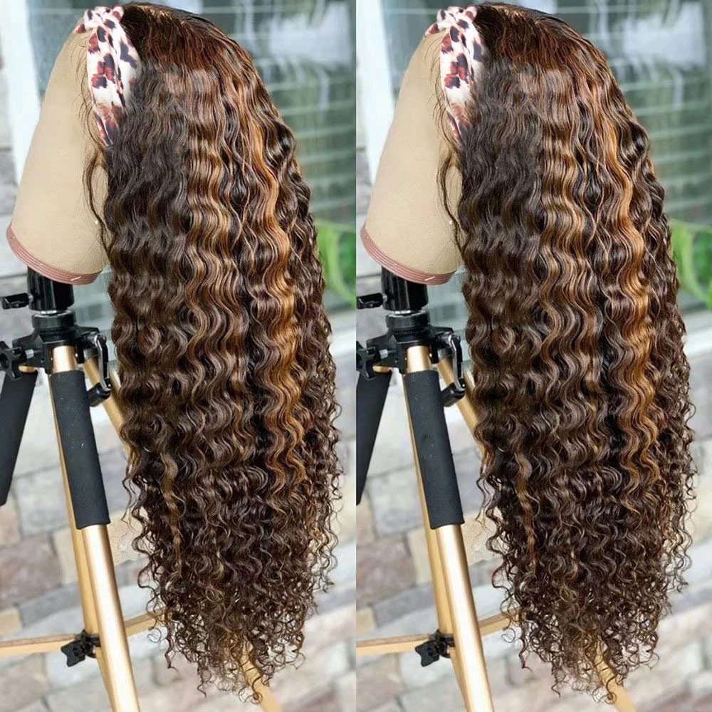 Peruvian Highlight Curly Headband Wigs For Women Deep Wave Human Hair Machine Made Wig Ombre Blone Wig Remy Fit All Size Head