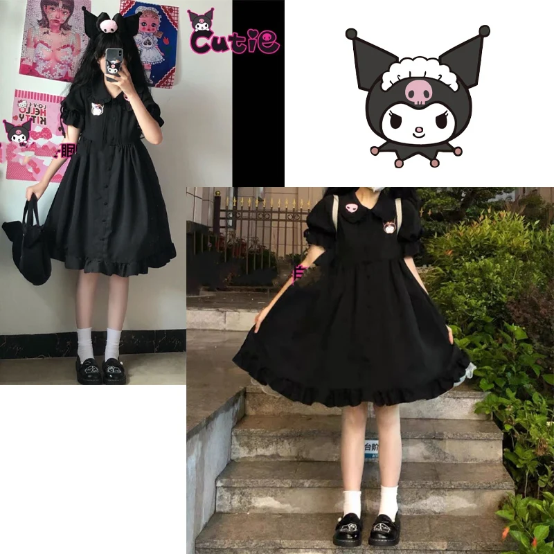 

Sanrios Kuromi Dress Sweet Anime Cute Cartoon Girl Short-sleeved Skirt Japanese Kawaii College Style Summer New Lolita Style