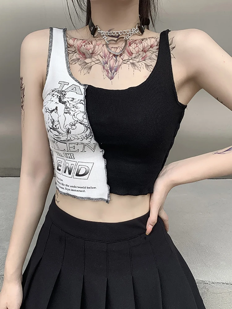 Goth Dark Punk Style Patchwork Tank Tops Aesthetic Letter And Graphic Print Women Crop Top Color Blocking Sleeveless Streetwear