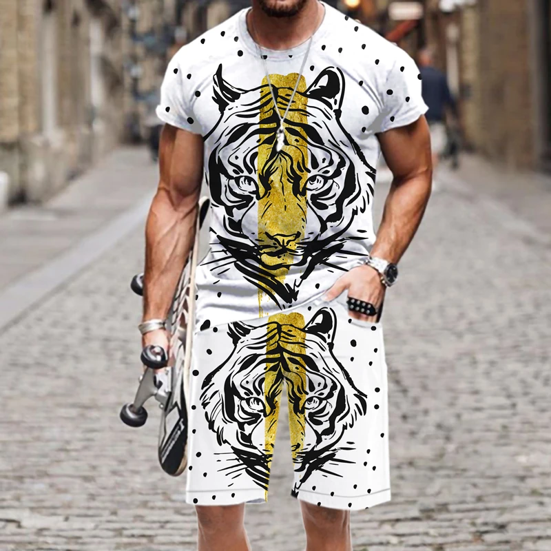 Men's T-shirt Shorts Set Short Sleeve Tiger pattern Fashion Hot Spring Autumn Summer Outfit Casual Street Tops 2023 New Harajuku