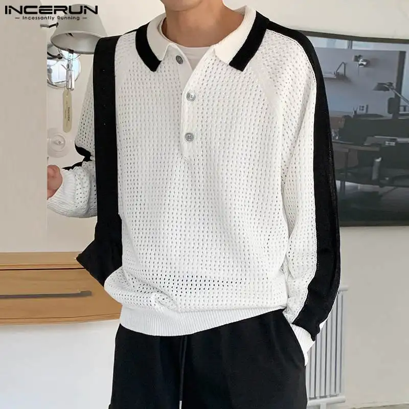 

Корейский стиль, новинка, мужские Дырчатые черно-белые рубашки контрастного дизайна, Повседневная сращивающаяся трикотажная блузка с отложным воротником, женские топы 2023