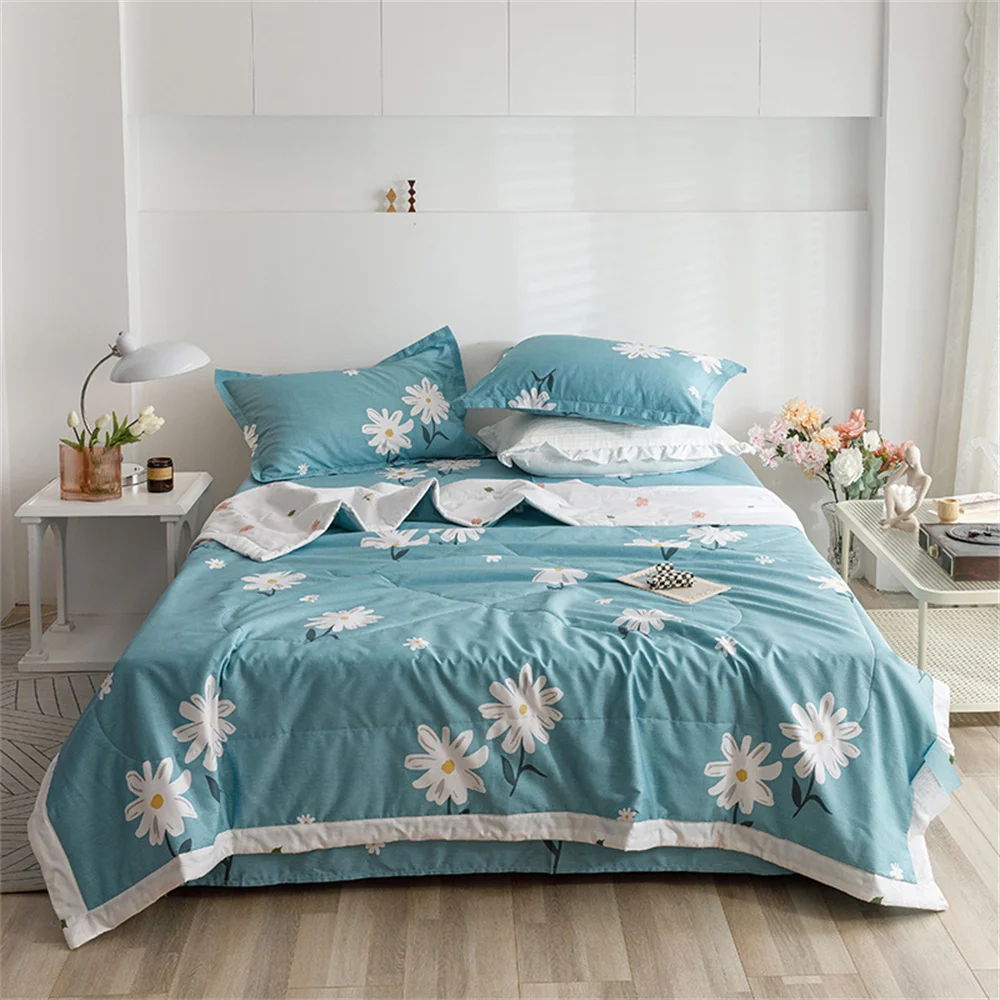 

Svetanya White Daisy Pastoral Blue Summer Air Conditioning Quilt Stitching Throws Blanket Washable Cotton Twin Queen Size