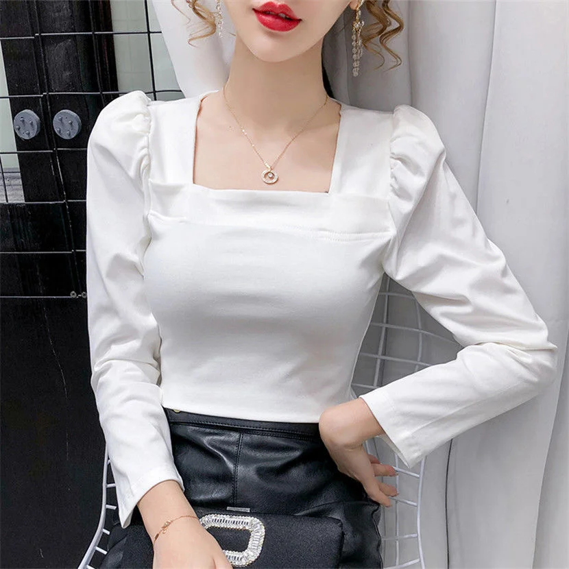 

Spring Autumn Solid T-shirt Bottomed Sexy T Shirt Women Tshirt Square Neck Bubble Sleeve Exposed Clavicle Long Sleeve Top Vogue