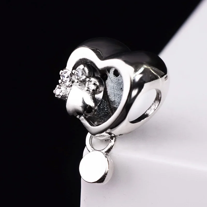 

Animal Charm 925 Sterling Silver Bead Sparkling Paw Print & Heart Dangle Fit Original Pandora Bracelet Women DIY Jewelry Gift