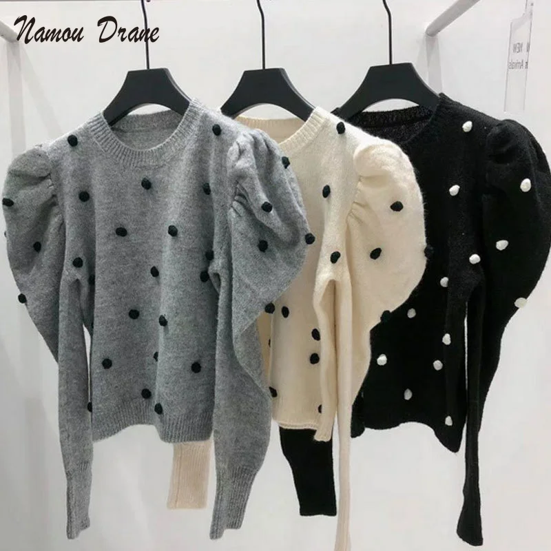 

Namou Drane Korean Dot Puff Sleeve Knitted Sweaters Causal 2021 Autumn Winter Basic Knitwear Women Fashion Knitted Pullover