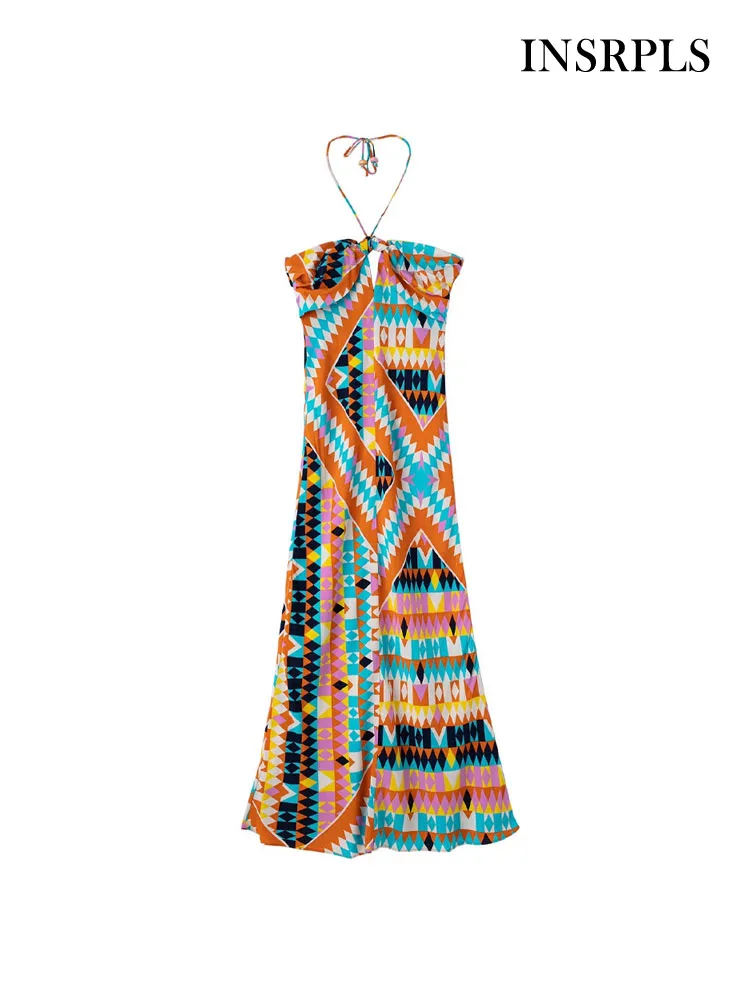 

INSRPLS Women Fashion With Tied Pleats Printed Midi Dress Vintage Backless Zipper Thin Straps Female Dresses Vestidos Mujer