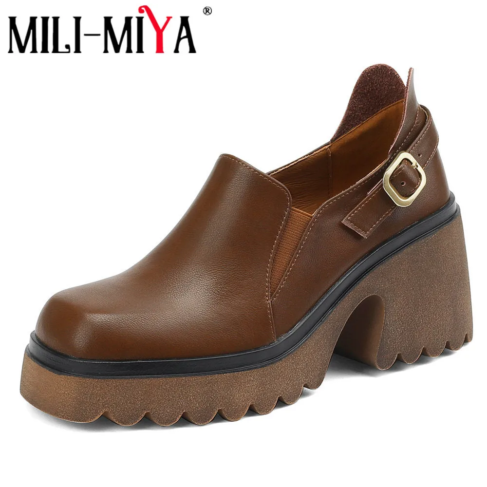 MILI-MIYA New Arrival Women Full Genuine Leather Pumps Square Toe Super High Thick Heels Solid Color Slip On Buckle Strap