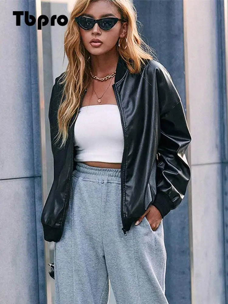 

Black Soft Faux PU Leather Bomber Jacket Women Zipper Elastic Waist Loose Women's Coat Spring Autumn Streetwear Casual Jackets