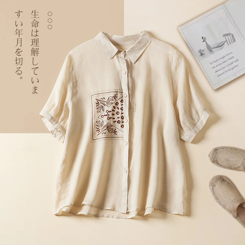 Женская хлопковая блузка с цветочной вышивкой, свободная однобортная рубашка с отложным воротником и короткими рукавами, модель V139 на лето, 2022