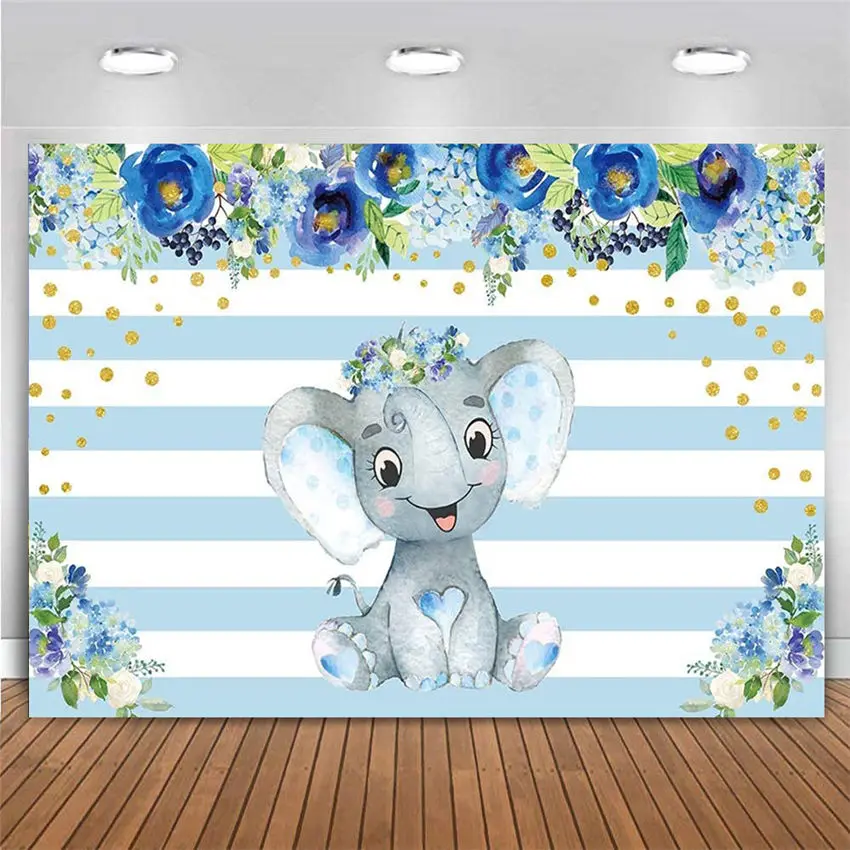 

Blue Floral Elephant Birthday Party Backdrop Striped Flowers for Boy Baby Shower Photography Background Watercolor Table Banner